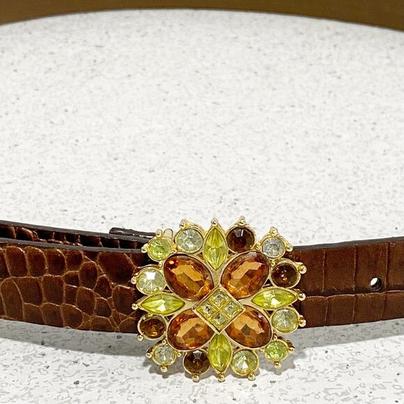Liz Claiborne Y2K belt brown moc croc with colorful rhinestone buckle size L - Picture 6 of 9